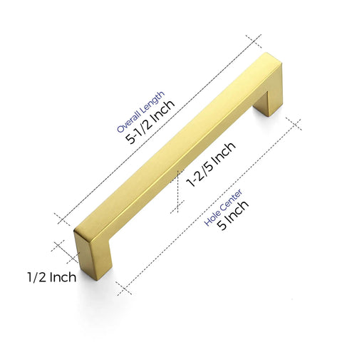 25 Pack 5 Inch Square Cabinet Handles In Brushed Brass Finish Stainless Steel Kitchen Hardware Pulls With 5 Inch Hole Center For Cabinets Gold Durable DIY Drawer Wardrobe Updates, showing dimensions.