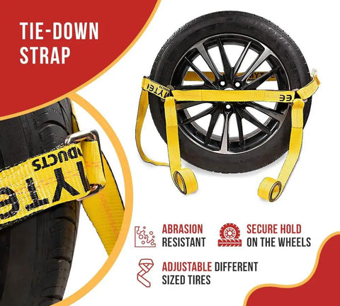 4 Pack 2x10 Inch Heavy Duty Wheel Tie Down Straps With Double Ratchets And Chain Anchors 3300 Lbs Working Load Limit on tire.