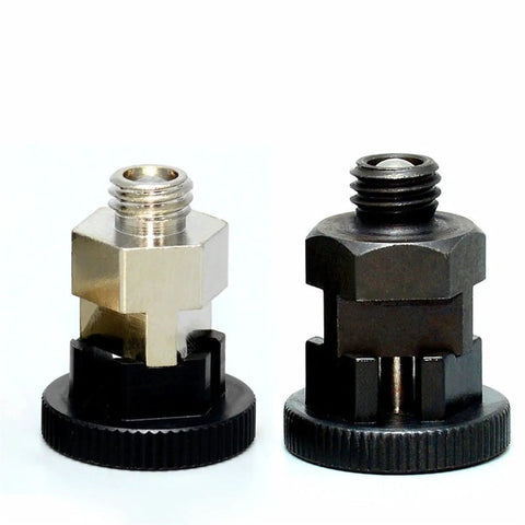 Rock Solid M8 Self Locking Indexing Plunger Knob With Compression Spring Screw For Precision Dowel Pin Alignment And Fixed Position Machine Shop Hardware, showing two plunger knobs with metal and black plastic bases.
