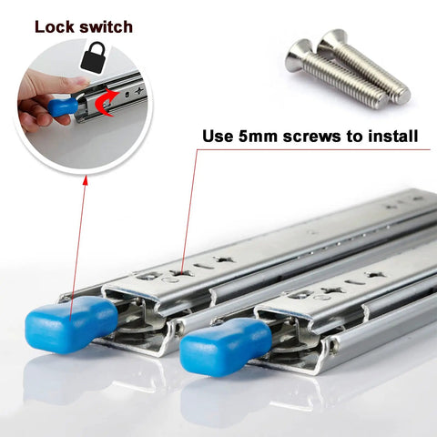 Two Pack Three Fold Drawer Slides With Full Extension Ball Bearing Glides showing lock switch and 5mm screws