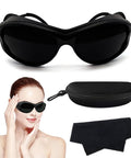 Heavy Duty IPL Laser Protection Safety Glasses With No Sweat Comfort Fit And Matte Black Frame To Block Fierce Red Rays And Keep You Chill During Lash Extension Work displayed with protective case and cleaning cloth.