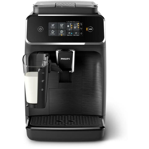 Fully Automatic Espresso Machine With LatteGo Milk Frother Delivers Barista Grade Cappuccino At The Push Of A Button Featuring Ceramic Grinder And AquaClean Filter Easy Peasy For A Total Game Changer In Black with touch panel and milk container.