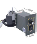 Front view of 110V 200W gear reduction motor with adjustable speed knob and on/off switch on grey metal housing