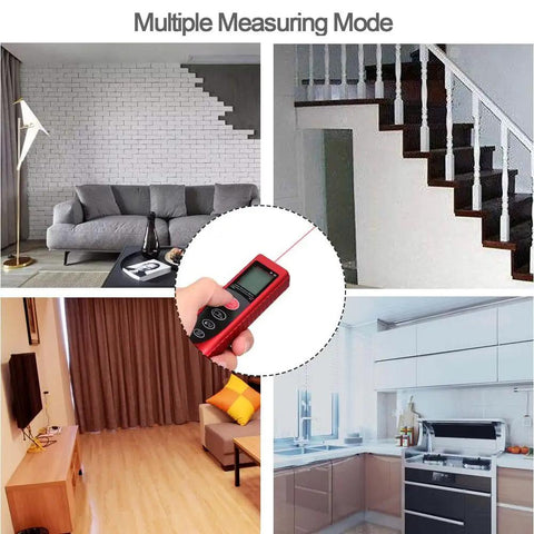 Heavy Duty Laser Distance Meter With Eighty Meter Reach Featuring Mute Mode Sleek Backlit Screen and Pythagorean Math measuring in different rooms.