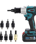 Straight Up Heavy Duty Cordless Rivet Gun Kit Rechargeable Electric Power Tool with multiple rivet nozzles for M3 to M12 sizes.