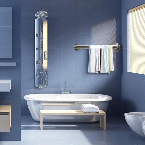 Built Tough 24 Inch Shower Grab Bars 2 Pack, Rock Solid Stainless Steel Bathroom Safety Handles in a modern bathroom setting.