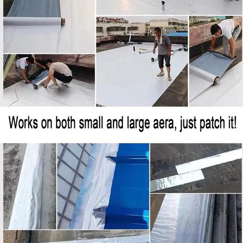 Heavy Duty Waterproof Roof Repair Tape With Self Adhesive Rubber Asphalt Patch To Stop Leaks Cracks In Gutters Windows And RV Awnings Fast 50CM By 7M Roll, shown applied on various surfaces.