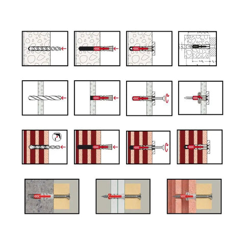Illustration of Heavy Duty Universal Wall Anchors For Concrete Brick Drywall And Wood Self Expanding Plugs installation steps.