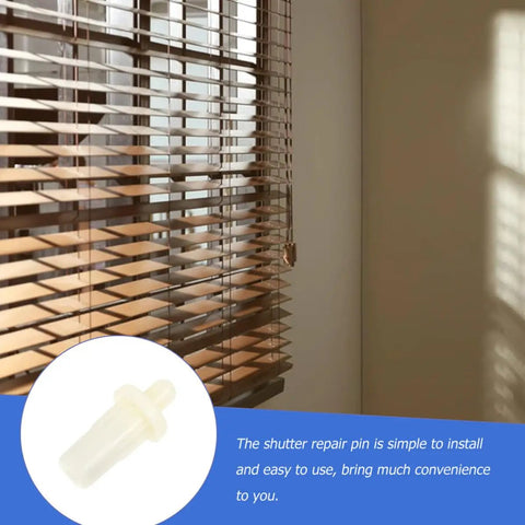 Close-up of a plantation shutter with a white spring-loaded pin, showcasing the 40 Piece Plantation Shutter Repair Pins Set With Spring Loaded Plastic Hardware For Cabinet And Furniture Fixes Quick Snap Sturdy Build Sweet Value Zero Hassle Installation Your Absolute Weekend Project Winner.
