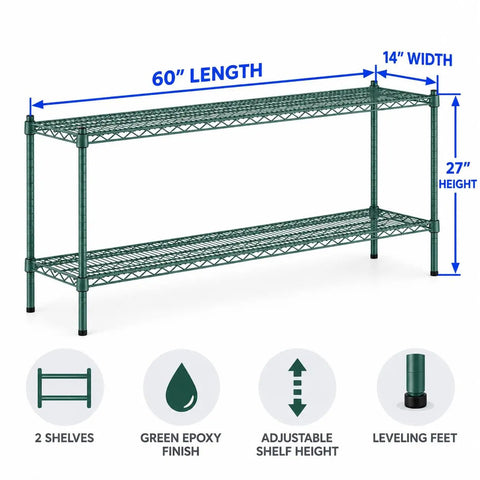 Badass Two Shelf Heavy Duty Wire Shelving Unit, 14x60x27 Green Epoxy NSF Rack For Kitchen Garage, adjustable height shown.