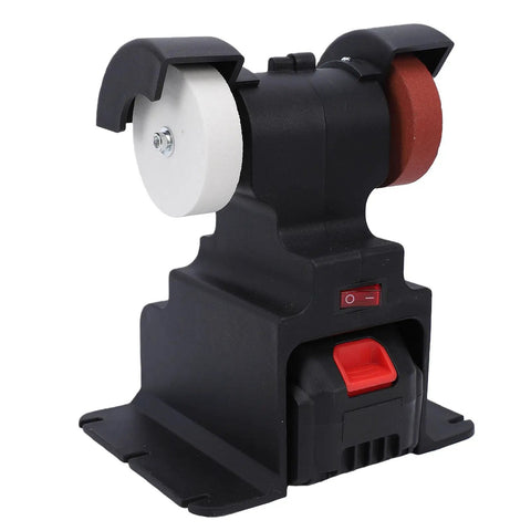 Cordless Mini Bench Grinder And Polisher Packing 200 Watt Motor And 7000 RPM With Dual Rechargeable Batteries side view with grinding wheels.