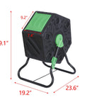 Heavy Duty 18.5 Gallon Tumbling Compost Bin Outdoor With Sliding Door, black, showing dimensions, for all season use in gardens and yards.
