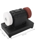 Cordless Mini Bench Grinder With Dual Three Inch Grinding Wheels And Variable Two Thousand To Six Thousand RPM on a black base.