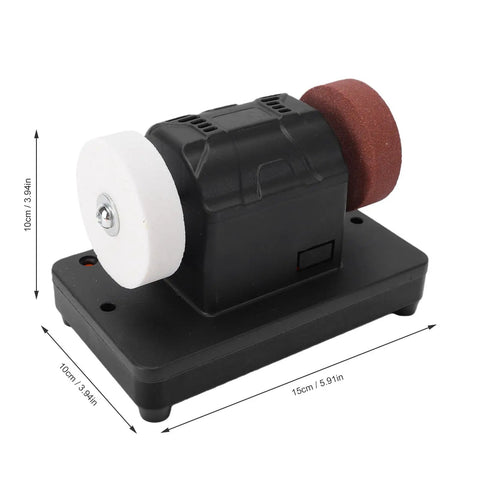 Cordless Mini Bench Grinder With Dual Three Inch Grinding Wheels And Variable Two Thousand To Six Thousand RPM on a black base.