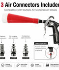 Heavy Duty Air Compressor Blow Gun Featuring Copper Core Horn Tip And Plug And Play Quick Connect Fittings for multiple air connector types.