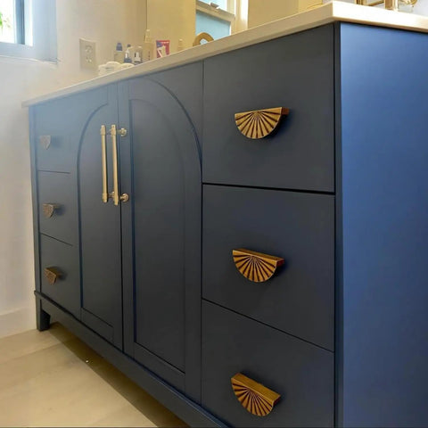 Tough As Nails Antique Brass Cabinet Pulls And Drawer Handles With Exact 3 Inch Hole Center Solid Zinc Alloy Build on blue vanity.