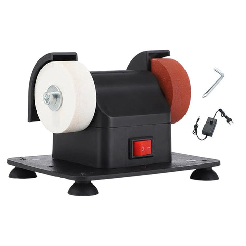 Compact Mini Bench Grinder With Dual Polishing Wheels For Snappy Tool Sharpening and Quick Burr Removal portable electric sharpener with dual wheels and power switch.