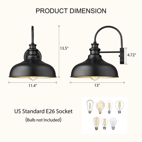 Product dimensions of 11.4 Inch Dome Barn Light Wall Sconce with E26 Socket, black metal, anti-rust exterior for outdoor use.
