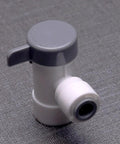 Top Shelf 10 Pack Of 1/4 Inch Push To Connect Ball Valves With Npt Threads And Female Elbow Shutoff Fittings For RO Systems Water Filters Kitchen Plumbing And Drip Irrigation No Sweat Install Guaranteed - close-up of a white push-to-connect ball valve with gray handle.