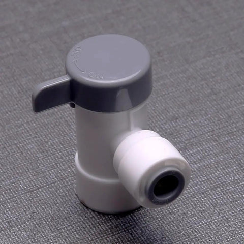 Top Shelf 10 Pack Of 1/4 Inch Push To Connect Ball Valves With Npt Threads And Female Elbow Shutoff Fittings For RO Systems Water Filters Kitchen Plumbing And Drip Irrigation No Sweat Install Guaranteed - close-up of a white push-to-connect ball valve with gray handle.