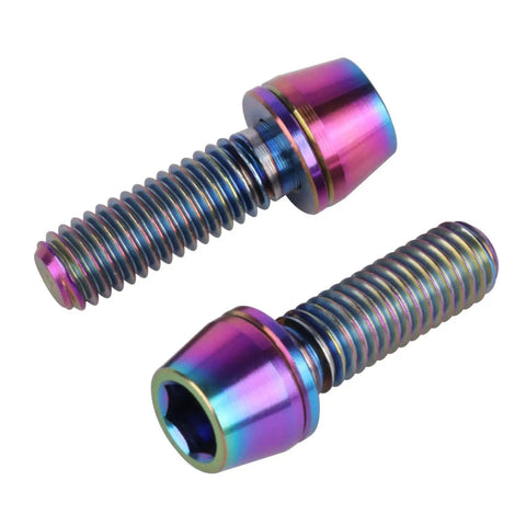 Solid Ride Ready Grade Five Titanium Hex Drive Bolts With Matched Lock Washers M5 X 16 18 20 Millimeter tapered nose bolts in rainbow finish.