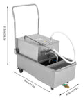 Heavy Duty Commercial Fryer Oil Filter Cart, 550 Watt Stainless Steel Machine with dimensions for efficient grease removal.