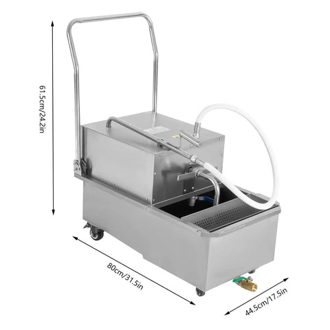 Heavy Duty Commercial Fryer Oil Filter Cart, 550 Watt Stainless Steel Machine with dimensions for efficient grease removal.