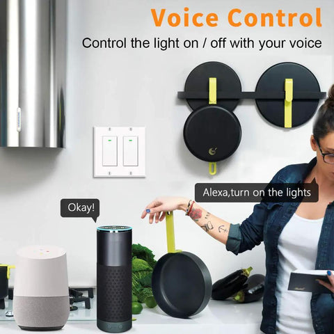 Smart WiFi Light Switches 2 Gang Pack With Remote Control Scheduling No Hub Needed Neutral Wire Required Works With Google Home And Voice Control 2 Pack installed in kitchen with voice control devices.