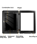 Heavy Duty EV Charger Enclosure Wall Mount Station Box With IP65 Waterproof Rain Protection And Kickass Weatherproof Steel Housing For Electric Vehicles Black showing combination lock, tempered glass, and hinges.