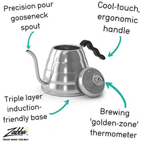 Gooseneck Kettle With Thermometer 34oz Stainless Steel Pour Over Coffee Maker and Tea Kettle with Precision Drip Spout