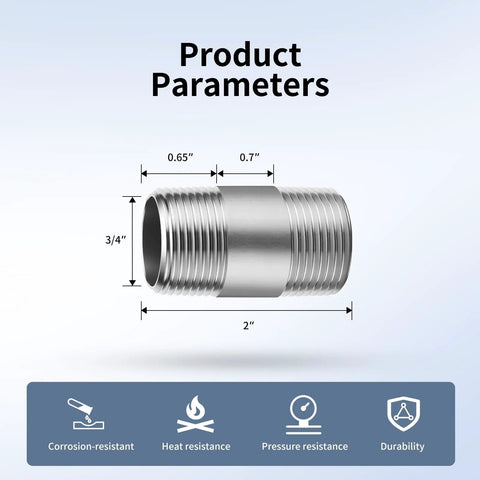 Diagram of 304 Stainless Steel Pipe Nipple Three Quarter Inch NPT Male Threads On Both Ends Heavy Duty SCH40 Pre Cut Two Inch Length