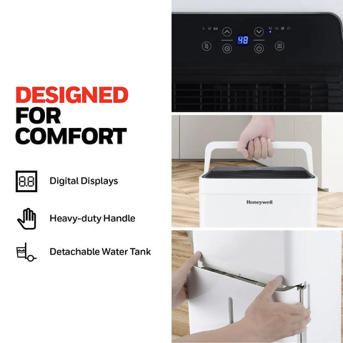 Top Tier 32 Pint Energy Star Dehumidifier For Big Homes And Damp Basements With Smart Auto Controls, featuring digital displays and detachable water tank.