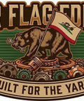 Illustration of bear with flag atop mechanical gears with text 'Bear Flag Edition Built for the Yard'