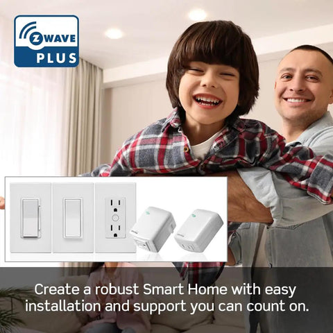 Slick Z Wave Smart Dimmer Switch In Classic White Design, showcasing family using smart home technology together.