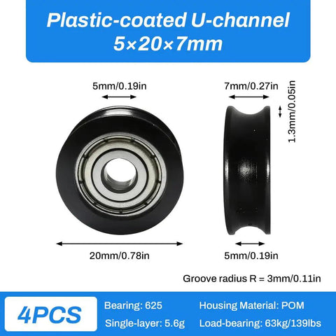 Rock Solid Four Piece Heavy Duty U Groove Pulleys Featuring Durable Pom Plastic Rails And No Sweat Drawer Glide Action With Precision Ball Bearings For Cabinet Hardware, 5x20x7mm, POM material.
