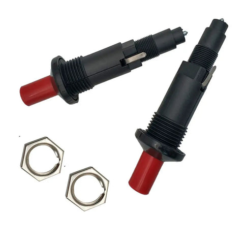 Push Button Piezo Igniter 2 Pack for Propane Gas Grills and Patio Heaters, ceramic tip, shown with mounting nuts