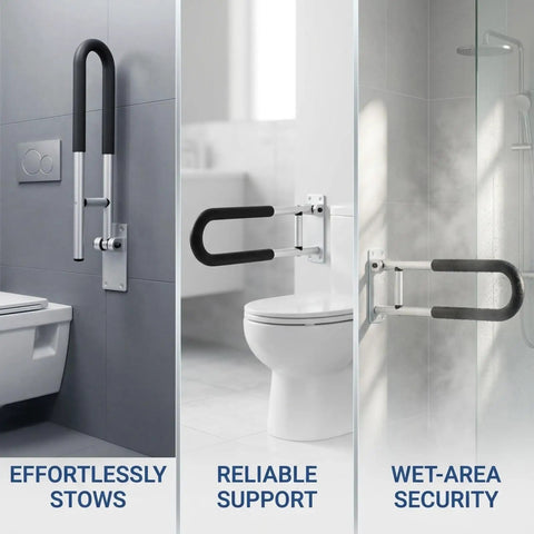 Heavy Duty Flip Up Toilet Safety Rail And Wall Mount Grab Bar Crafted From Heavy Aluminum With Sure Grip Design for easy bathroom transfers.