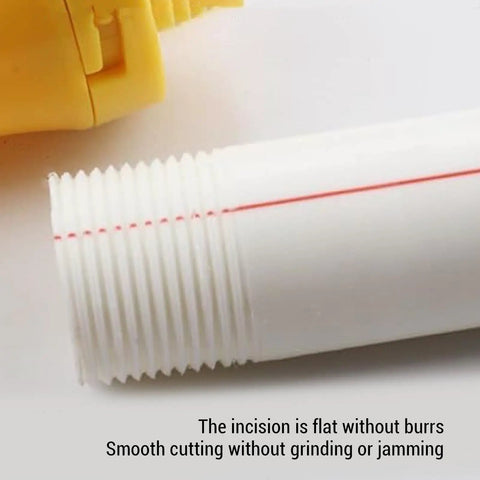 HaloVerde Electric Drill Pipe Threader Kit With 3 Dies For Pvc Pipes showing smooth cut on white PVC pipe with perforation mark.
