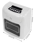 Heavy Duty Electronic Punch Time Clock For Small Business Crews Offering Hassle Free Auto Aligning Card Feeder And Keyed Security Lock Includes Fifty Trackers Plus Master Control Key in white with a digital display.