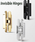 3 Pack Black Concealed Hinges For Invisible Secret Doors Heavy Duty Steel Hidden Hardware displayed in gold, black, silver finishes.