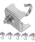 Rock Solid Heavy Duty Girder Clamp Hooks With Pipe Support Brackets For Warehouse Shelving And Garage Storage Racks. Close-up view of silver metal clamp hook.