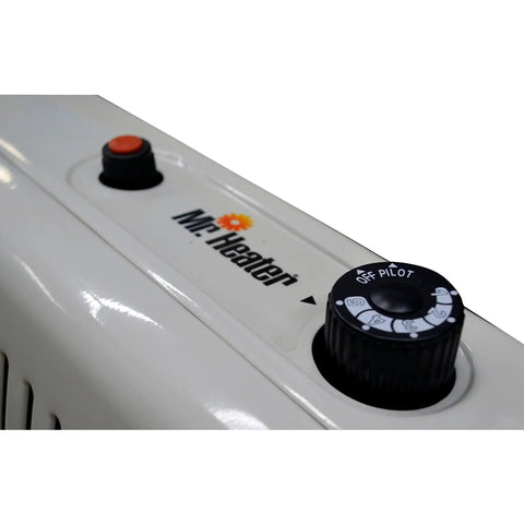 Close-up of controls on a 30,000 BTU Vent Free Blue Flame Propane Heater With Battery Ignition, No Electricity Needed