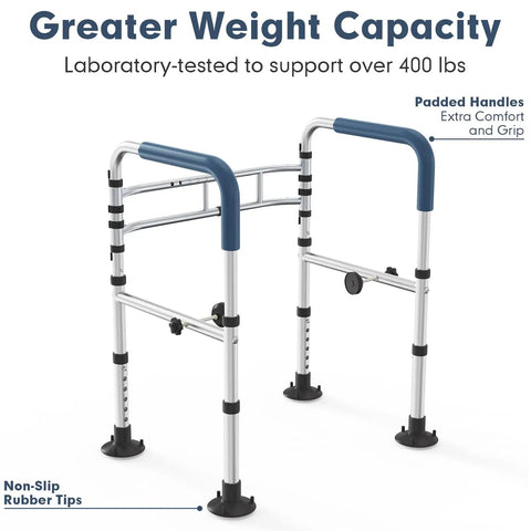Heavy Duty Toilet Safety Rail With Reinforced Wheel Support Frame And Anti Slip Locking Feet Built Tough For Seniors To Sit And Stand Dead Steady At Home Supports Up To 350 Pounds Without A Single Wobble - close-up of padded handles and non-slip rubber feet.