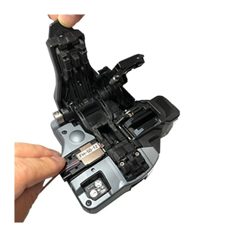 CT50 Optical Fiber Cleaver Dead On Cuts For Fiber Cable Splicing Multi Strand Compatible, showing internal mechanism and fiber alignment in use.