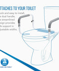 No Sweat Install With Quick Clips Padded Rails Offer Rock Solid Grip Adjustable Width Fits All Bowls Carries 300 Lbs Like A Champ white bathroom safety bar attached to toilet.