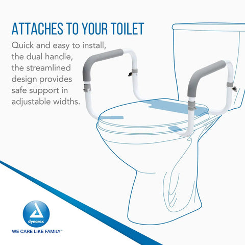 No Sweat Install With Quick Clips Padded Rails Offer Rock Solid Grip Adjustable Width Fits All Bowls Carries 300 Lbs Like A Champ white bathroom safety bar attached to toilet.