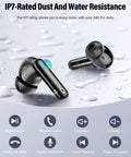 Dope Wireless Earbuds With Bluetooth 5.4, Deep Bass Stereo Sound, shown with IPX7 waterproof design on wet surface.
