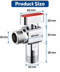 Top Shelf 1/2 Inch Brass Angle Shut Off Valve With Slick Chrome Coating And Hassle Free Red Handle For Heavy Duty Water Heater And Home Plumbing Projects, showing product size dimensions.