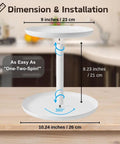 2 Tier Rotating Lazy Susan Spice Rack Organizer for Kitchen Counter Smooth 360 Spin White dimensions shown on a wooden surface.