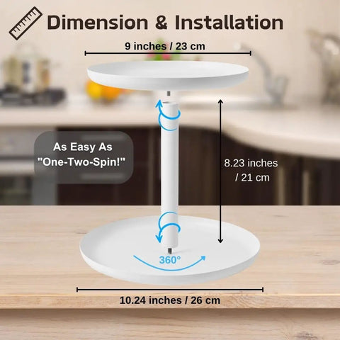 2 Tier Rotating Lazy Susan Spice Rack Organizer for Kitchen Counter Smooth 360 Spin White dimensions shown on a wooden surface.
